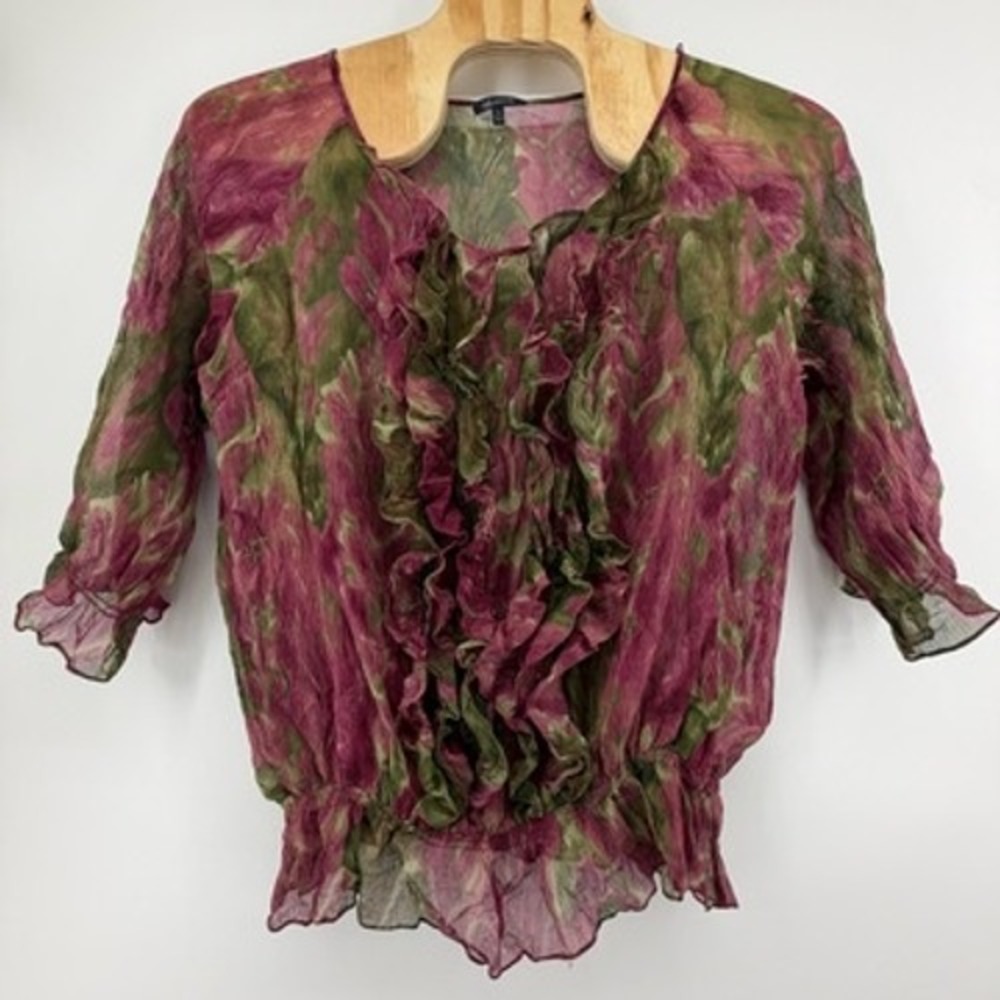 Anne Klein Womens 3X Pink Green Floral Ruffle Front Blouse 3/4 Sleeve Sheer Top
